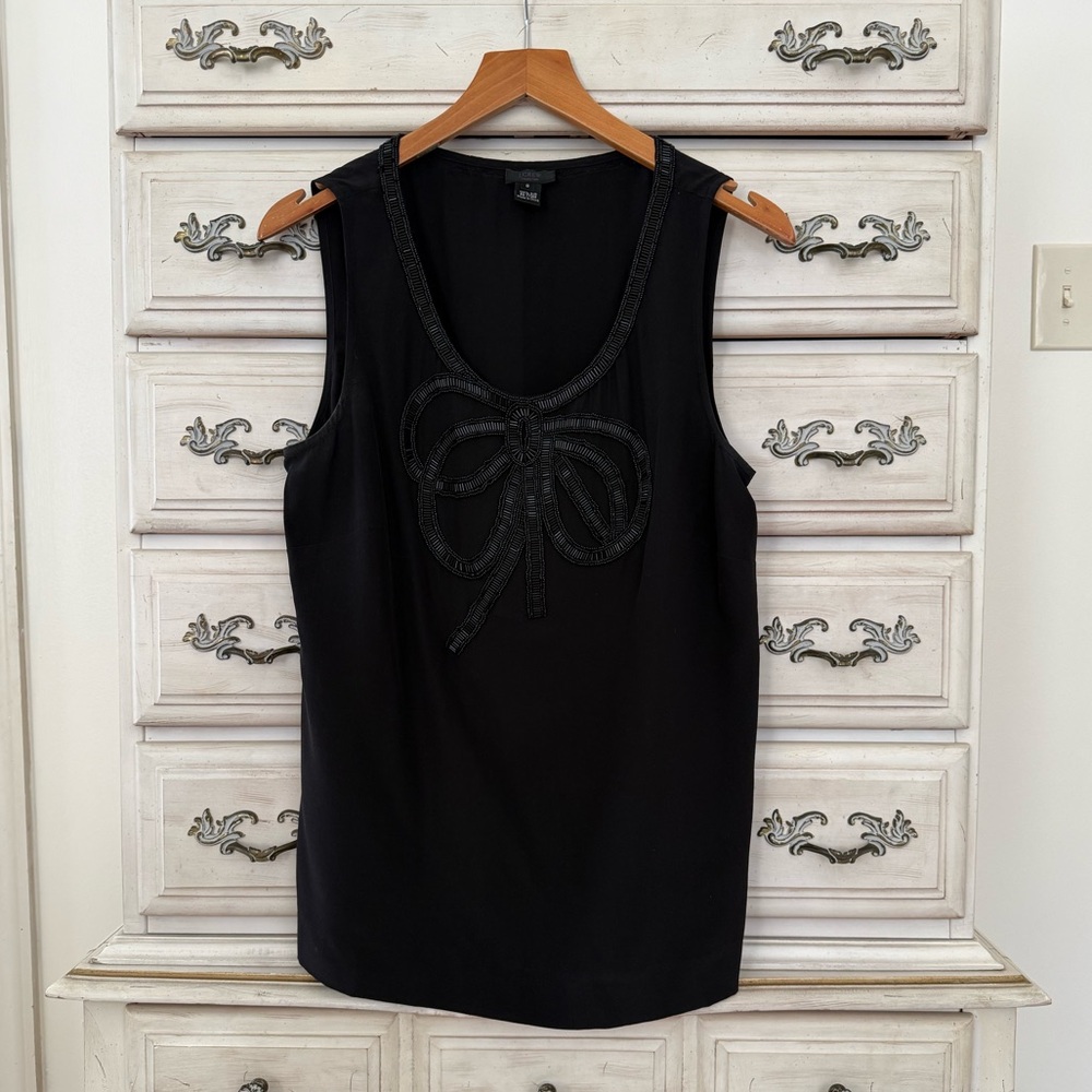J. Crew Black Silk Beaded Bow Top